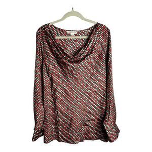 Pendleton Red and Black Print Long Sleeve Silk Blouse Drapey Neck Size 18